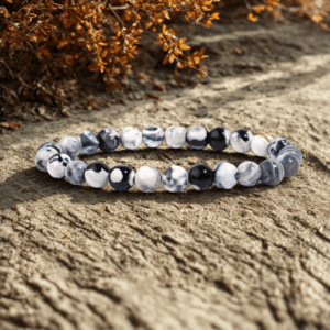 Bracelet en Agate Feu Noire et Blanche – Perles 8 mm