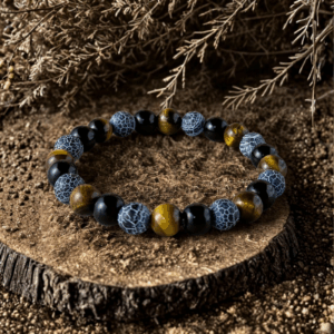 Bracelet en Agate Grisonnée, Agate Noire et Œil de Tigre – Perles 8 mm