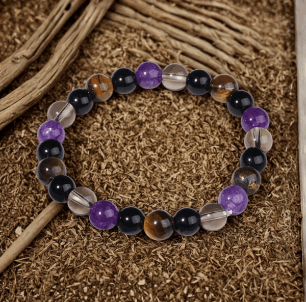 Bracelet en Améthyste, Œil de Tigre et Quartz Clair – Protection, Sérénité et Clarté