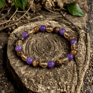 Bracelet en Améthyste, Œil de Tigre et Citrine – Sagesse, Protection et Prospérité