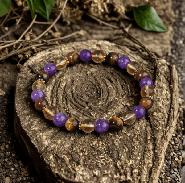 Bracelet en Améthyste, Œil de Tigre et Citrine – Sagesse, Protection et Prospérité