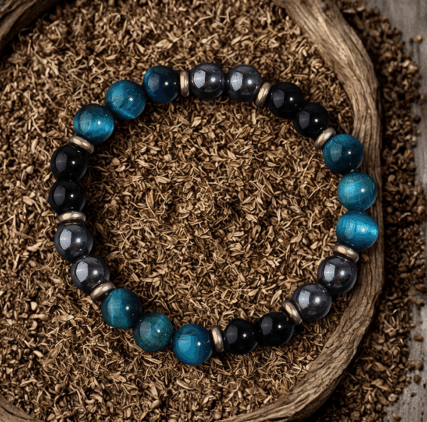 Bracelet en Hématite, Œil de Tigre Bleu et Onyx – Protection et Clarté Intérieure