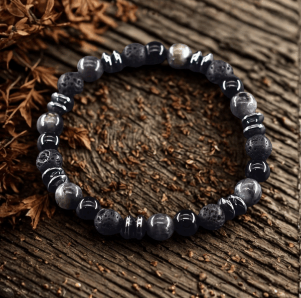 Bracelet en Labradorite et Pierre Volcanique Noire – Protection et Force Intérieure