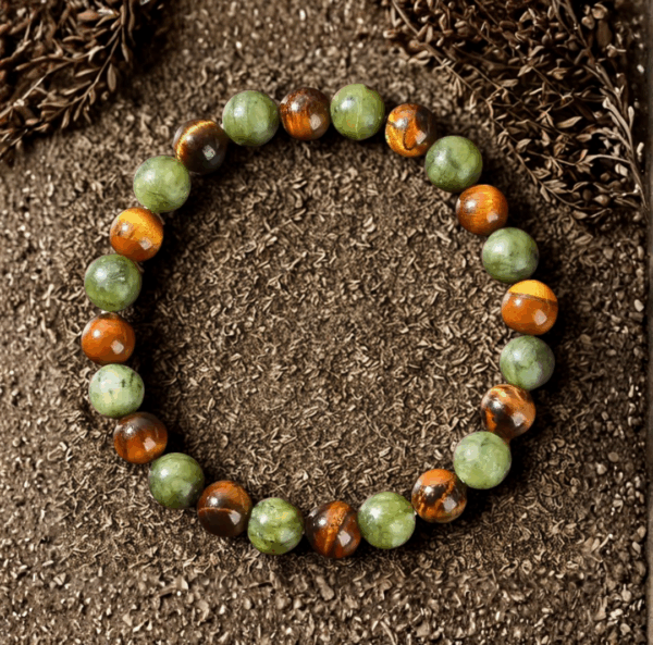 Bracelet en Œil de Tigre et Jade Vert – Force, Harmonie et Équilibre