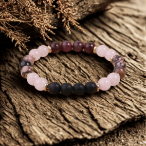 Bracelet en Quartz Rose, Grenat, Rhodonite et Onyx Noir – Amour, Équilibre et Protection