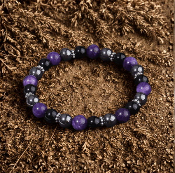 Bracelet en Tourmaline, Hématite et Améthyste – Protection et Sérénité