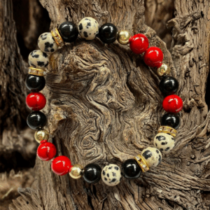 Bracelet en Turquoise Rouge, Obsidienne Noire et Jaspe Dalmatien – Protection, Énergie et Joie