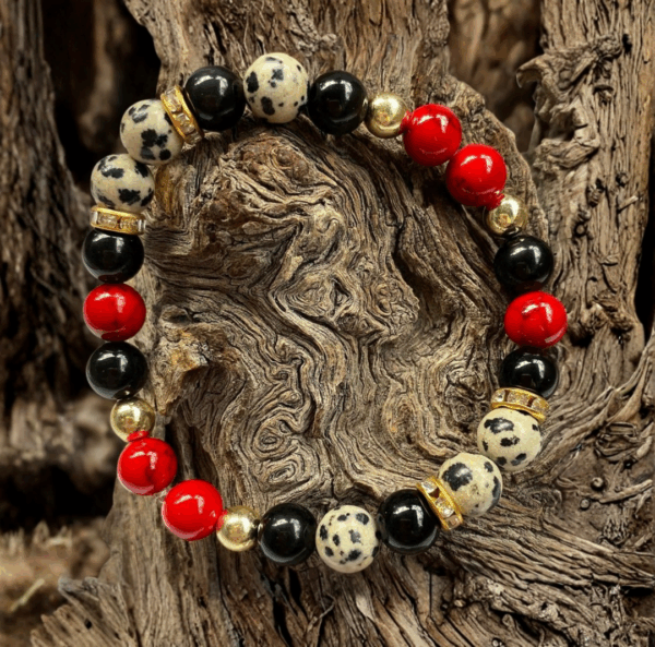 Bracelet en Turquoise Rouge, Obsidienne Noire et Jaspe Dalmatien – Protection, Énergie et Joie